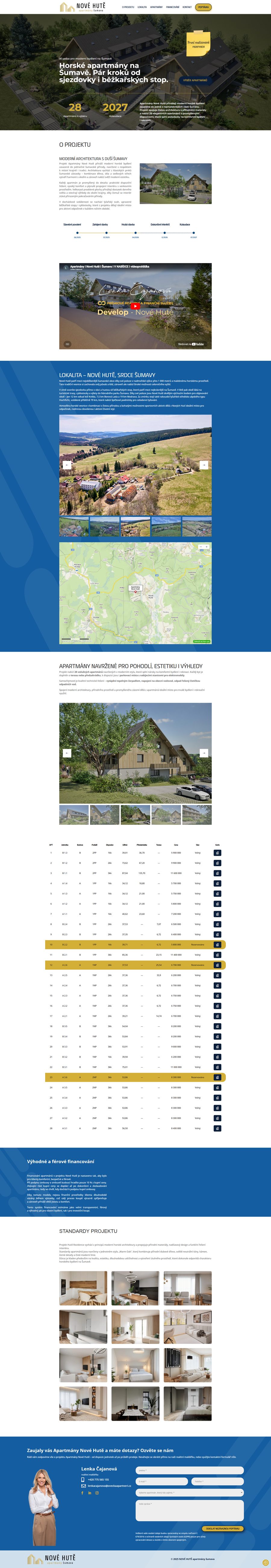 Ukázka celé homepage webu Apartmány Nové Hutě — prezentace developerského projektu na Šumavě.