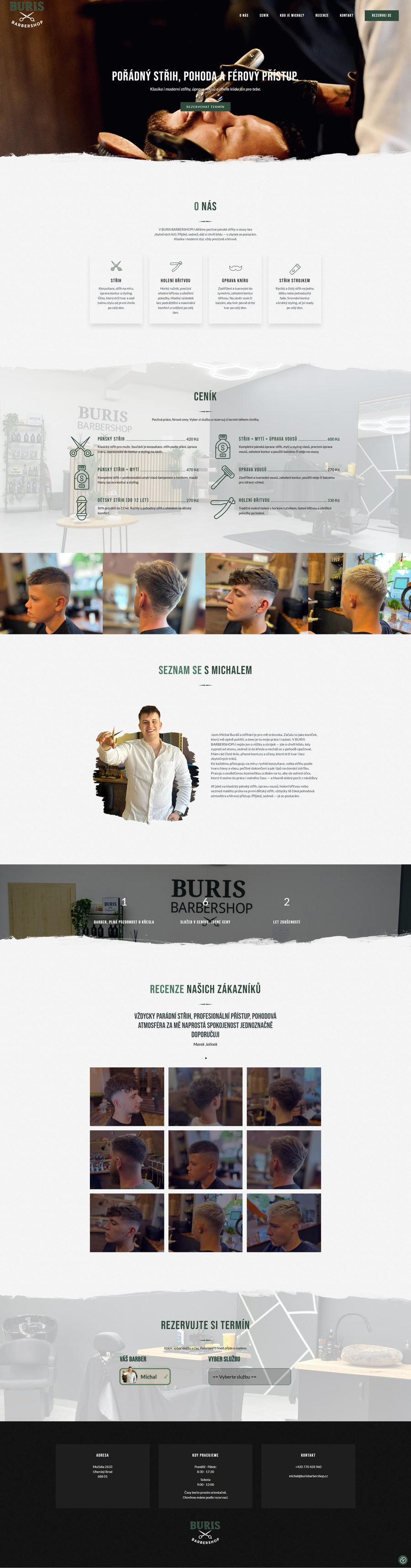 Ukázka celé homepage webu Buris Barber Shop — barbershop s vlastním rezervačním systémem.