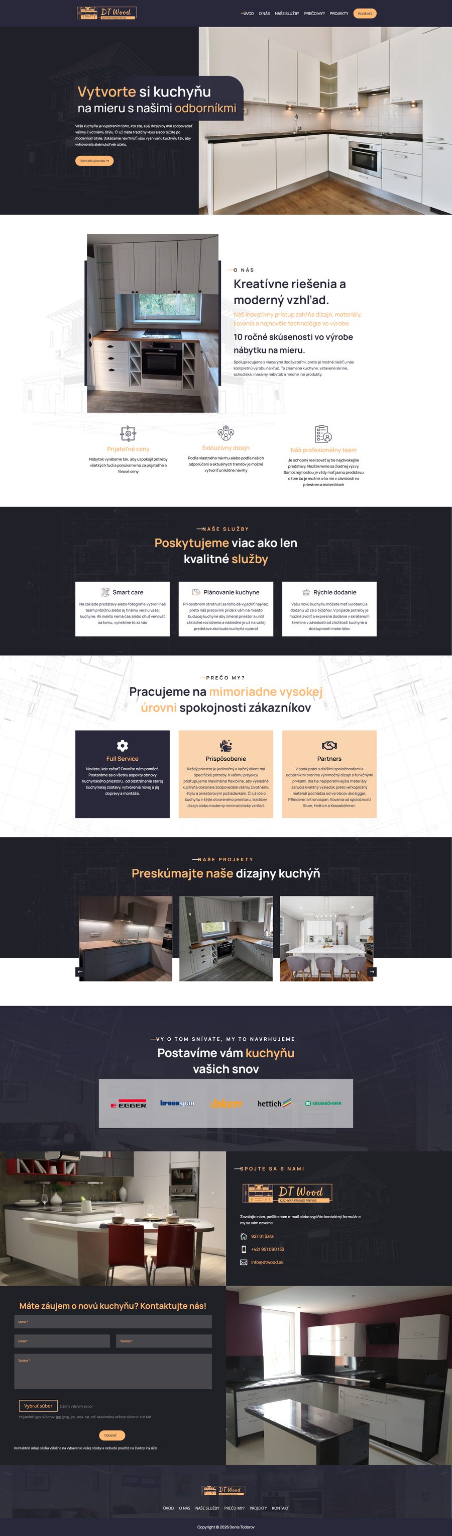 Ukázka celé homepage webu DT Wood — truhlářská výroba a nábytek na míru.