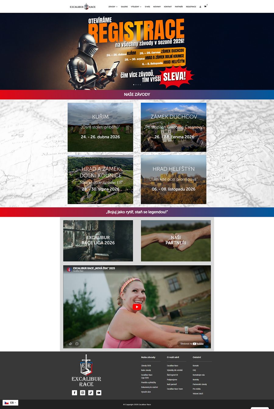 Ukázka celé homepage webu Excalibur Race — závodní web s registracemi a e-shopem.